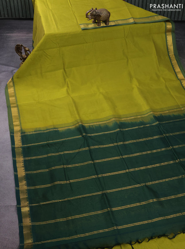 10 Yards silk cotton saree mehendi green and bottle green with plain body and zari woven border