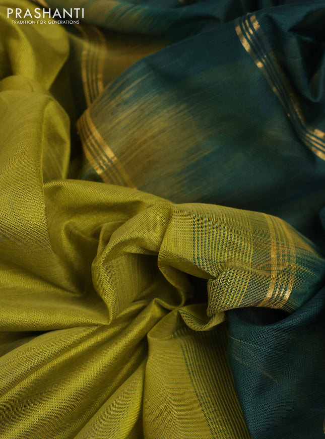 10 Yards silk cotton saree mehendi green and bottle green with plain body and zari woven border