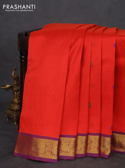 10 Yards silk cotton saree red and blue with thread woven buttas and zari woven border