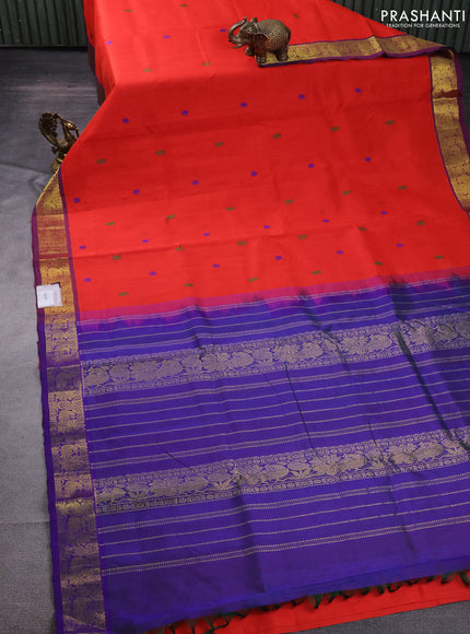 10 Yards silk cotton saree red and blue with thread woven buttas and zari woven border