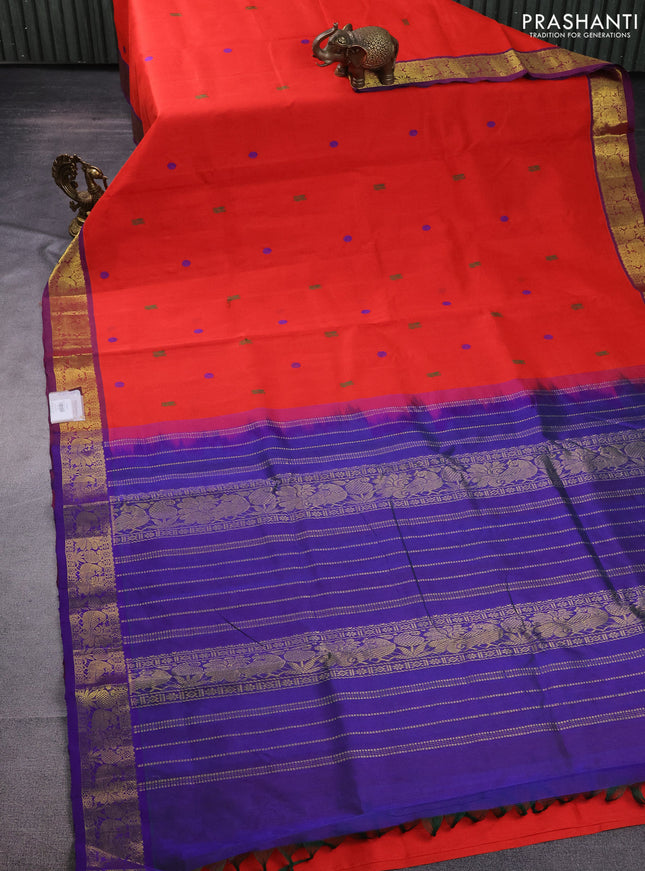 10 Yards silk cotton saree red and blue with thread woven buttas and zari woven border