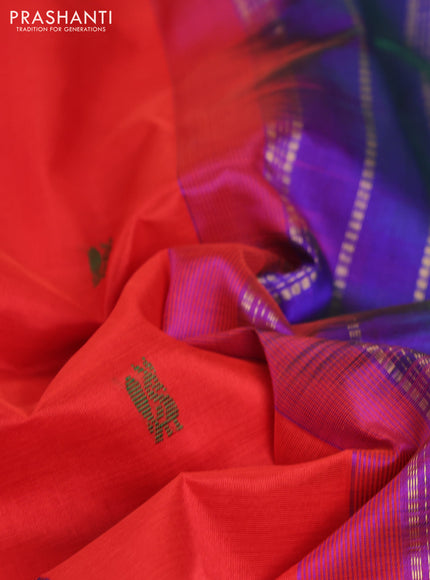 10 Yards silk cotton saree red and blue with thread woven buttas and zari woven border
