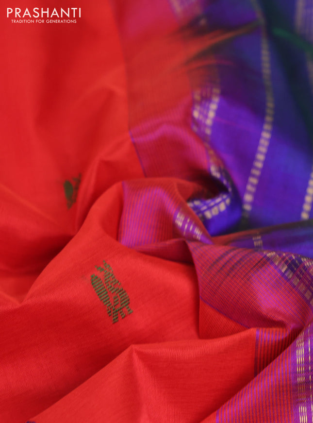 10 Yards silk cotton saree red and blue with thread woven buttas and zari woven border
