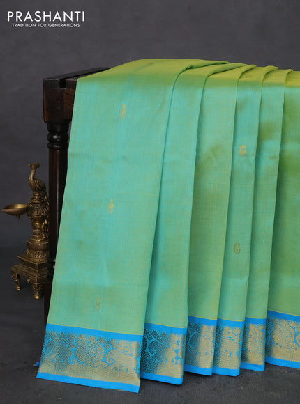 10 Yards silk cotton saree teal green and cs blue with zari woven buttas and zari woven border