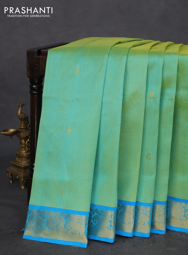 10 Yards silk cotton saree teal green and cs blue with zari woven buttas and zari woven border