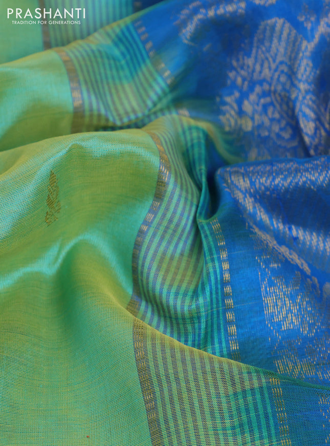 10 Yards silk cotton saree teal green and cs blue with zari woven buttas and zari woven border