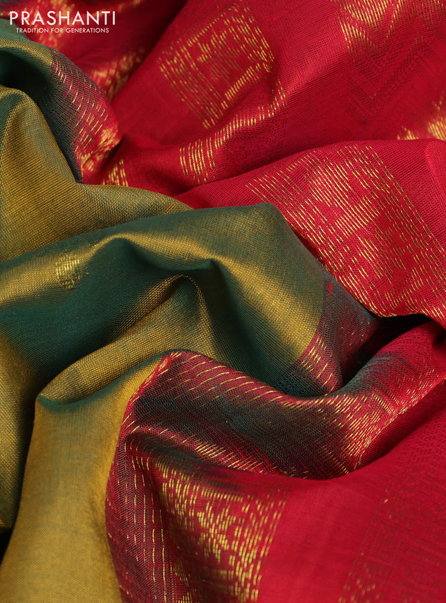 10 Yards silk cotton saree dual shade of green and red with plain body and rettapet zari woven border