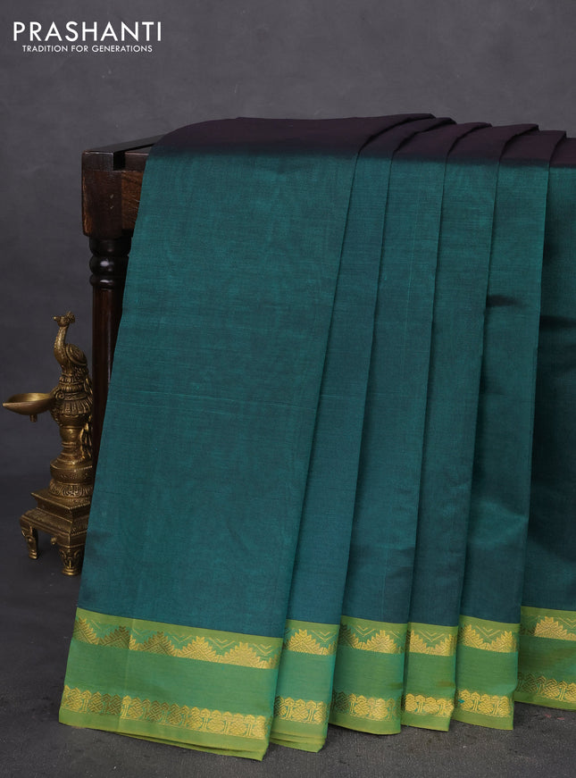 10 Yards silk cotton saree green and light green with plain body and rettapet zari woven border