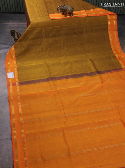 10 Yards silk cotton saree dark mustard and orange with plain body and rettapet zari woven border