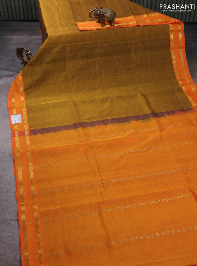 10 Yards silk cotton saree dark mustard and orange with plain body and rettapet zari woven border