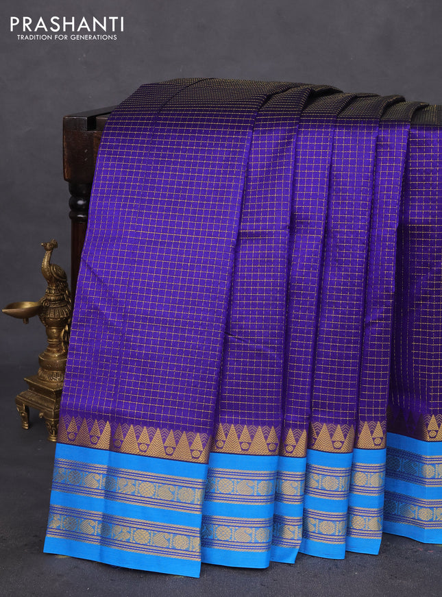 10 Yards silk cotton saree blue and cs blue with allover small zari checked pattern and zari woven border