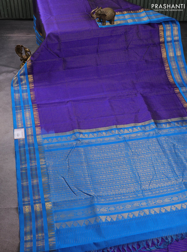 10 Yards silk cotton saree blue and cs blue with allover small zari checked pattern and zari woven border
