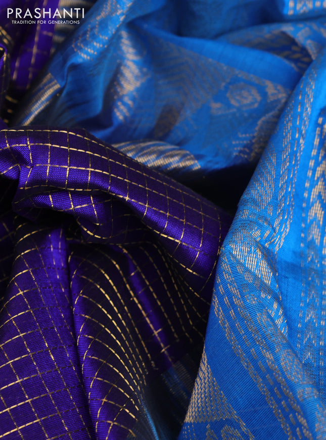 10 Yards silk cotton saree blue and cs blue with allover small zari checked pattern and zari woven border