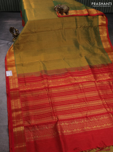 10 Yards silk cotton saree mehendi green and red with allover small zari checked pattern and zari woven border