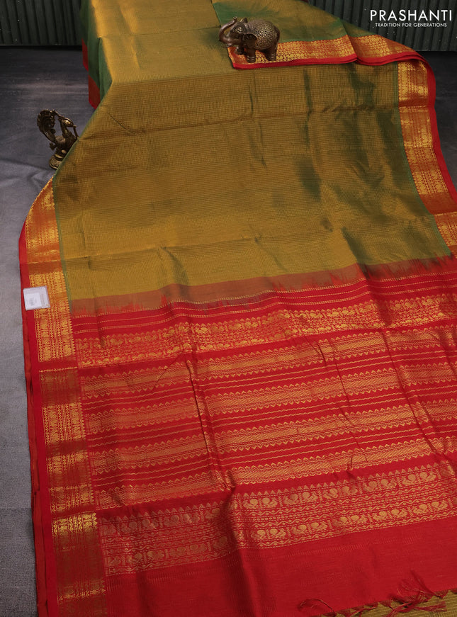 10 Yards silk cotton saree mehendi green and red with allover small zari checked pattern and zari woven border
