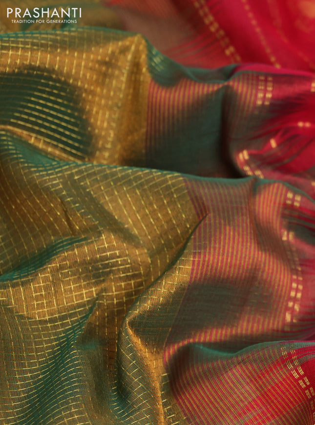 10 Yards silk cotton saree mehendi green and red with allover small zari checked pattern and zari woven border