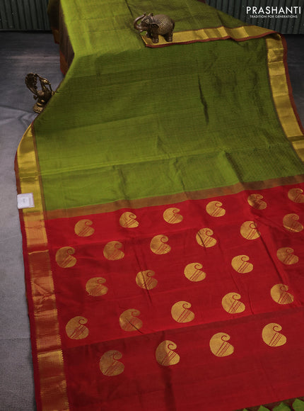 10 Yards silk cotton saree sap green and maroon with allover thread weaves and zari woven border
