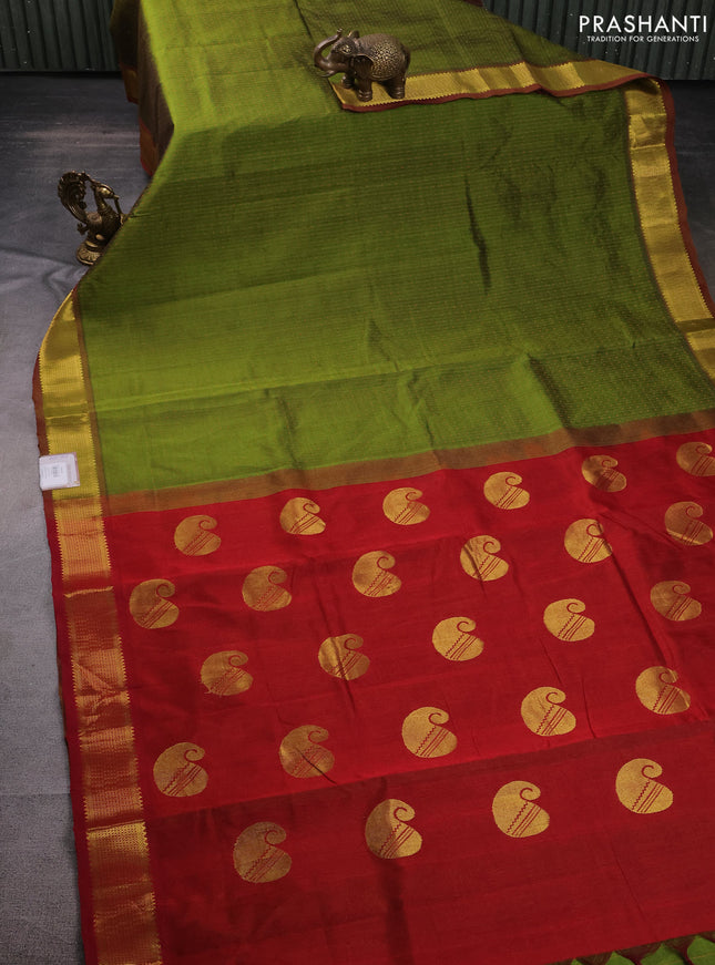 10 Yards silk cotton saree sap green and maroon with allover thread weaves and zari woven border
