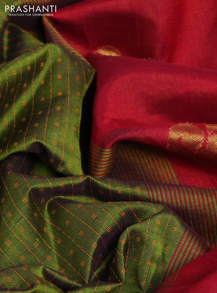 10 Yards silk cotton saree sap green and maroon with allover thread weaves and zari woven border