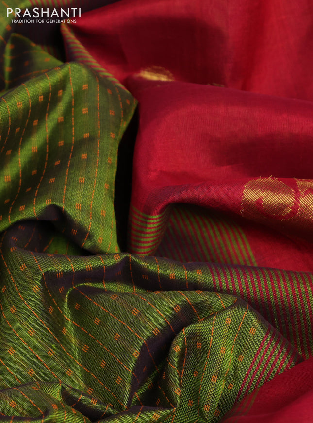 10 Yards silk cotton saree sap green and maroon with allover thread weaves and zari woven border