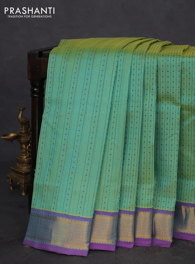 10 Yards silk cotton saree dual shade of teal green and purple with allover thread weaves and zari woven border