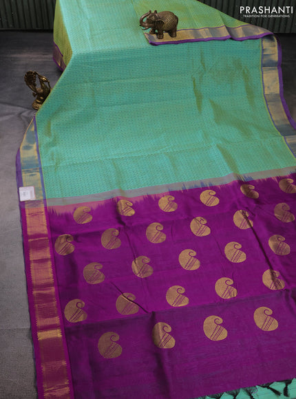 10 Yards silk cotton saree dual shade of teal green and purple with allover thread weaves and zari woven border