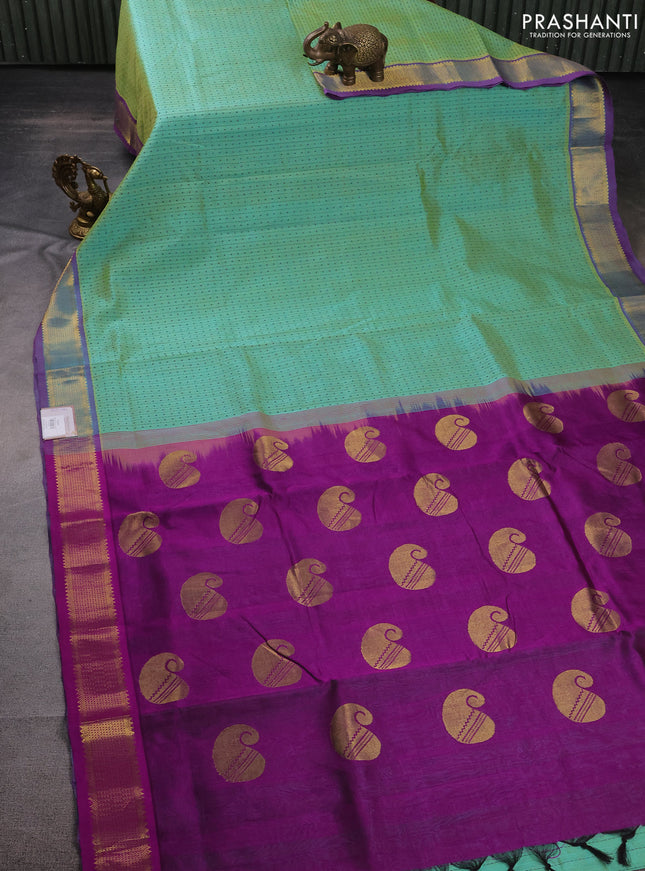 10 Yards silk cotton saree dual shade of teal green and purple with allover thread weaves and zari woven border