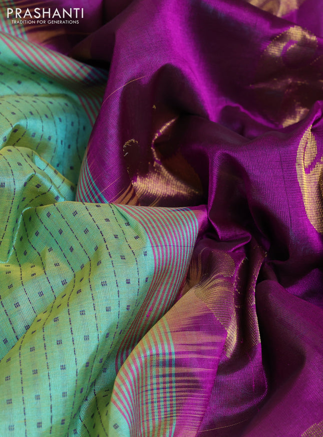 10 Yards silk cotton saree dual shade of teal green and purple with allover thread weaves and zari woven border