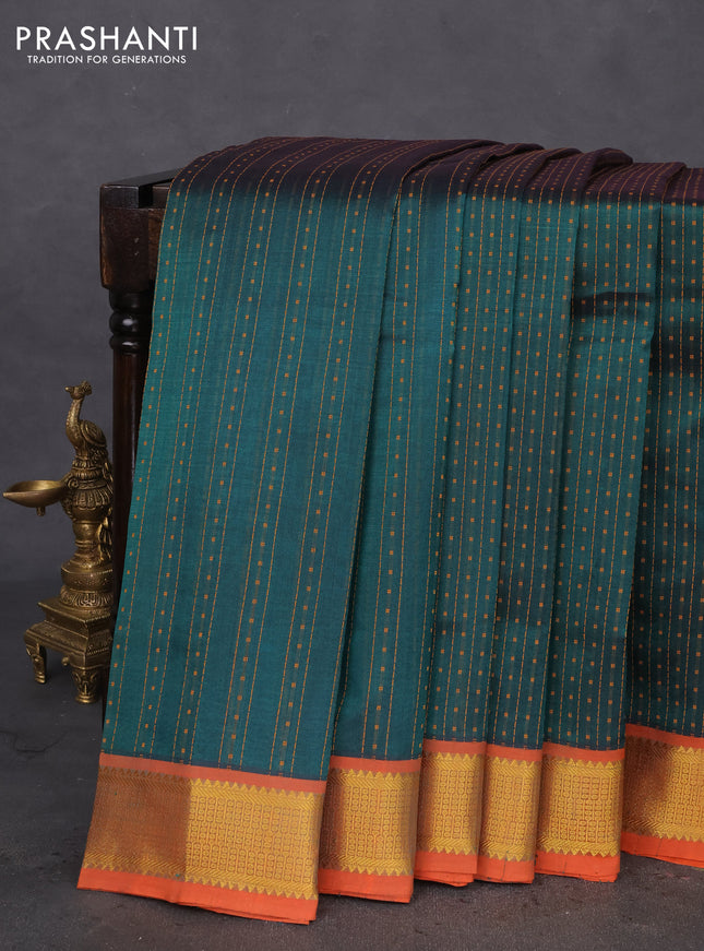 10 Yards silk cotton saree peacock green and orange with allover thread weaves and zari woven border