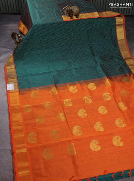 10 Yards silk cotton saree peacock green and orange with allover thread weaves and zari woven border