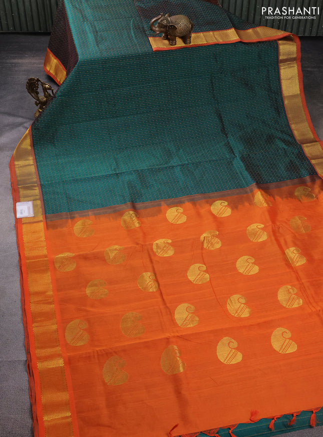 10 Yards silk cotton saree peacock green and orange with allover thread weaves and zari woven border