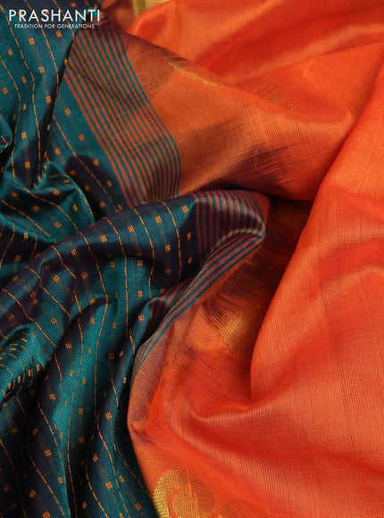 10 Yards silk cotton saree peacock green and orange with allover thread weaves and zari woven border