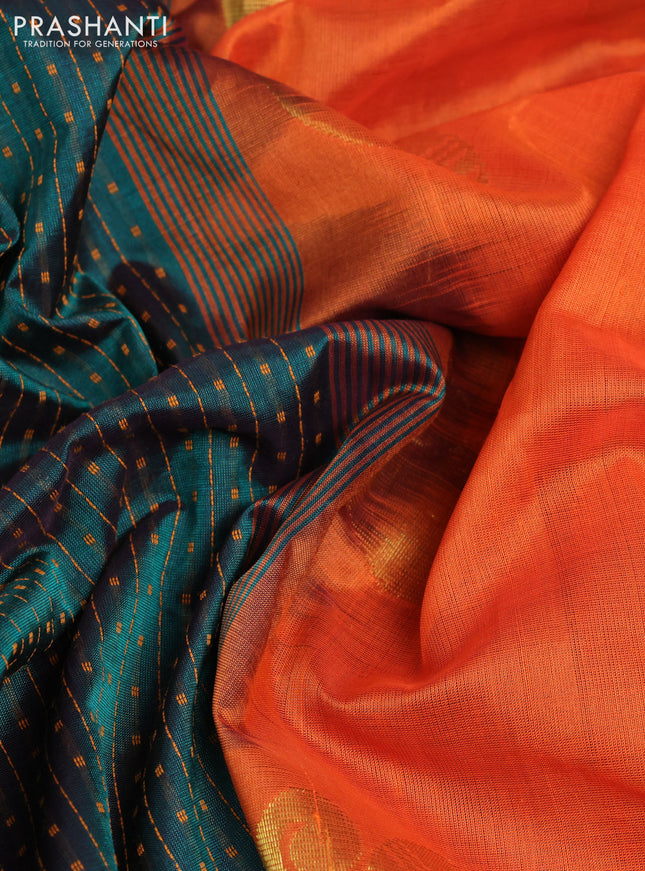 10 Yards silk cotton saree peacock green and orange with allover thread weaves and zari woven border