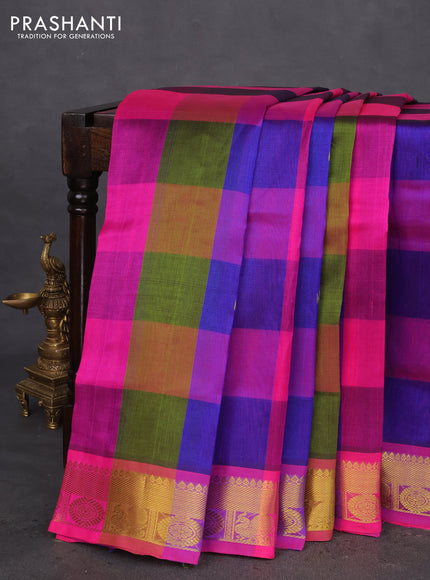 10 Yards silk cotton saree multi colour and pink with allover paalum pazhamum checks & zari buttas and rudhraksha & annam zari woven border