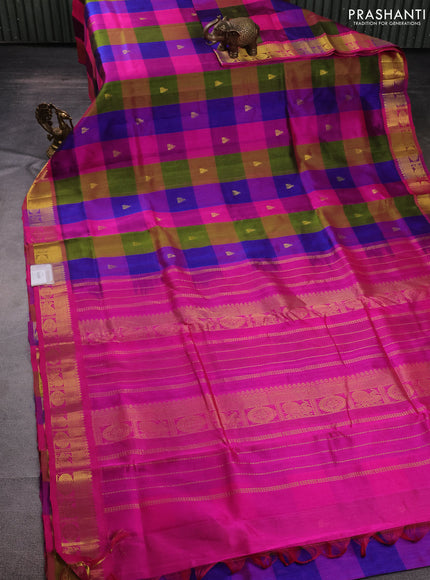 10 Yards silk cotton saree multi colour and pink with allover paalum pazhamum checks & zari buttas and rudhraksha & annam zari woven border
