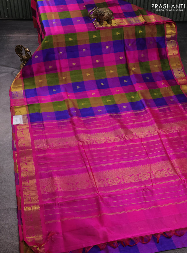 10 Yards silk cotton saree multi colour and pink with allover paalum pazhamum checks & zari buttas and rudhraksha & annam zari woven border