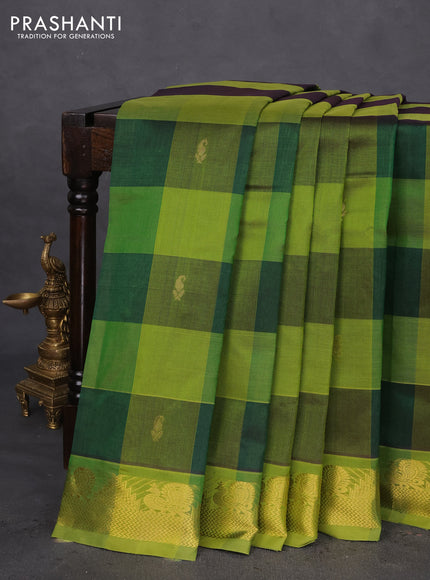 10 Yards silk cotton saree green and light green with allover paalum pazhamum checks & zari buttas and temple & annam zari woven border