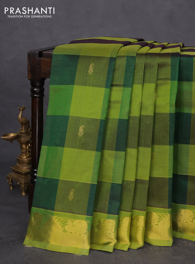 10 Yards silk cotton saree green and light green with allover paalum pazhamum checks & zari buttas and temple & annam zari woven border