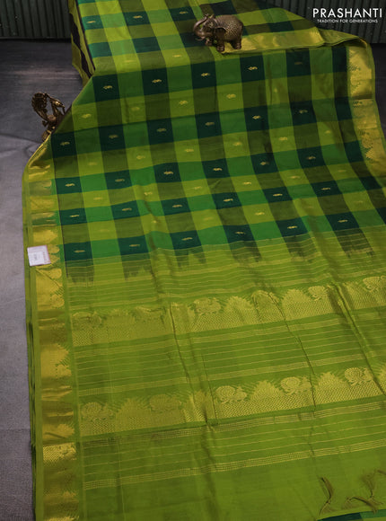 10 Yards silk cotton saree green and light green with allover paalum pazhamum checks & zari buttas and temple & annam zari woven border