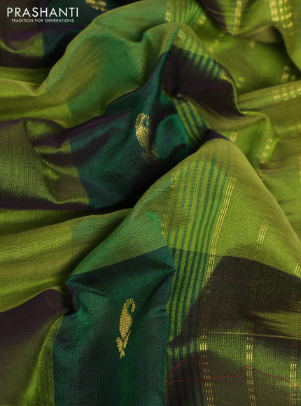 10 Yards silk cotton saree green and light green with allover paalum pazhamum checks & zari buttas and temple & annam zari woven border