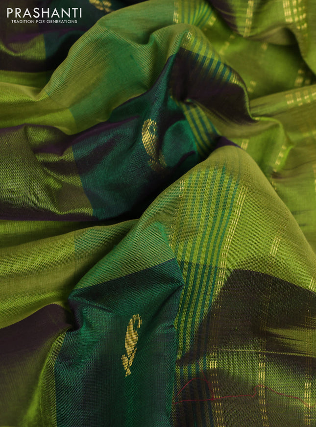 10 Yards silk cotton saree green and light green with allover paalum pazhamum checks & zari buttas and temple & annam zari woven border