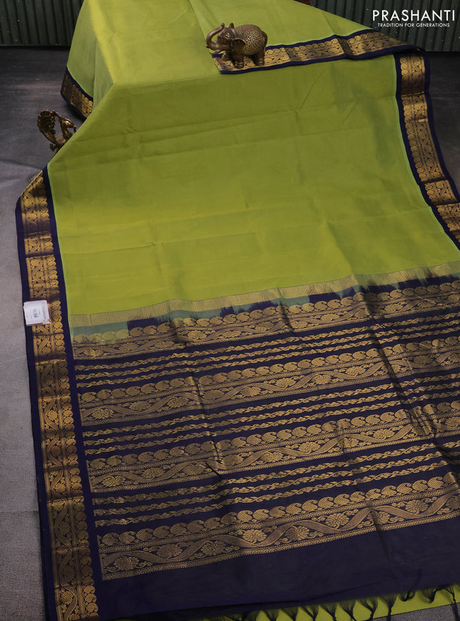 10 Yards silk cotton saree light green and blue with plain body and zari woven korvai border