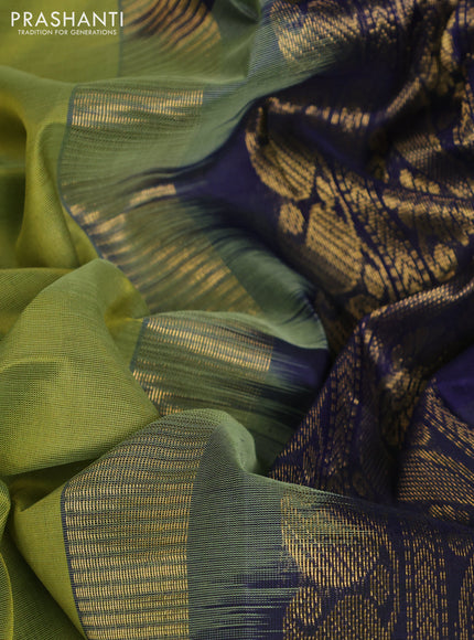 10 Yards silk cotton saree light green and blue with plain body and zari woven korvai border