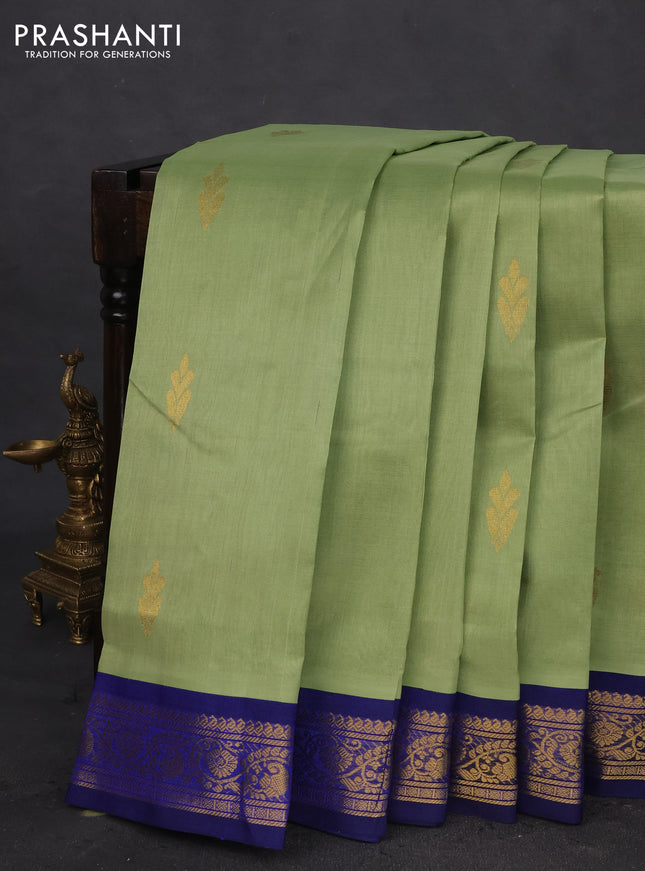 10 Yards silk cotton saree pista green and blue with zari woven buttas and zari woven korvai border