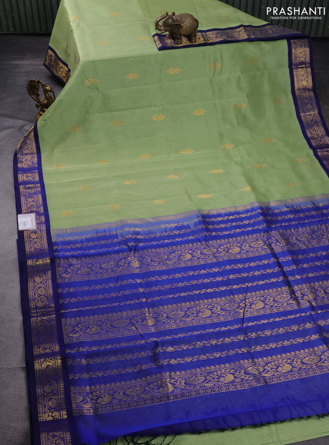10 Yards silk cotton saree pista green and blue with zari woven buttas and zari woven korvai border