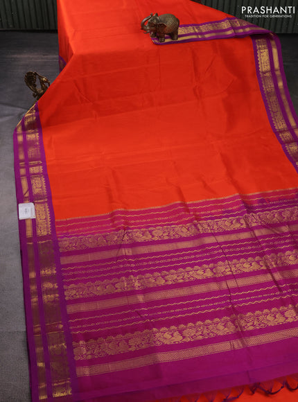 10 Yards silk cotton saree orange and purple with plain body and zari woven korvai border