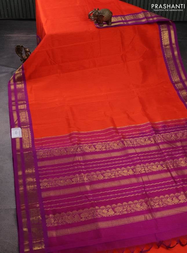 10 Yards silk cotton saree orange and purple with plain body and zari woven korvai border