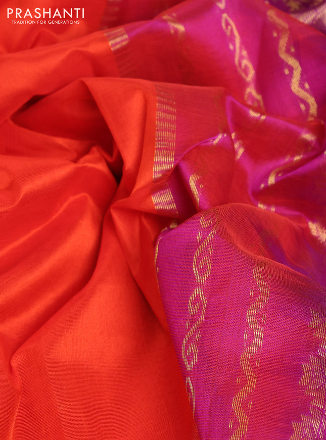 10 Yards silk cotton saree orange and purple with plain body and zari woven korvai border