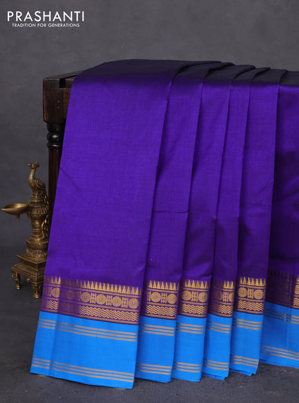 10 Yards silk cotton saree blue and cs blue with plain body and zari woven korvai border