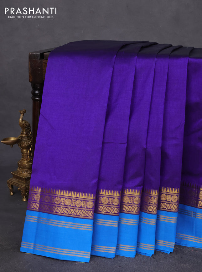 10 Yards silk cotton saree blue and cs blue with plain body and zari woven korvai border